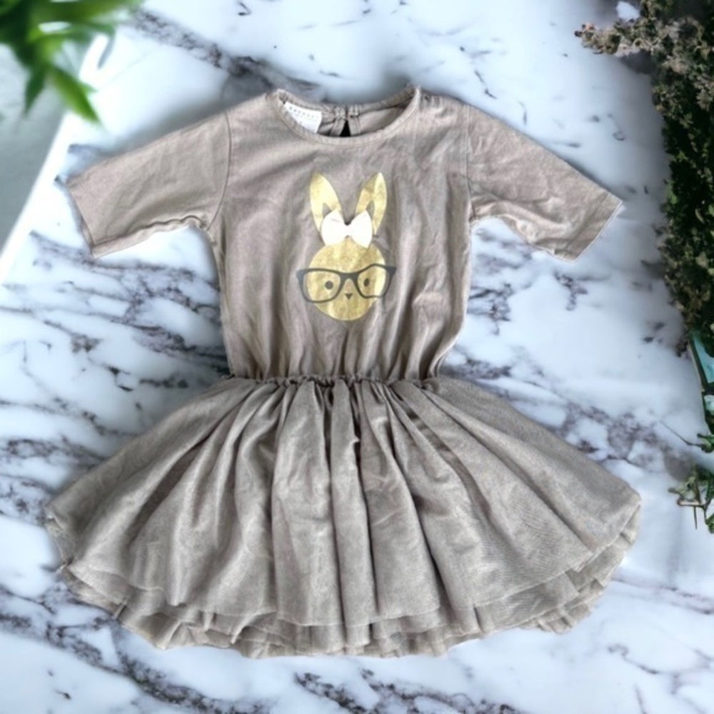 Huxbaby Bunny Gray Tulle Dress Girl's Size 4 Organic Cotton
